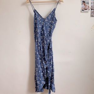 Blue and White Floral Print Wrap Dress